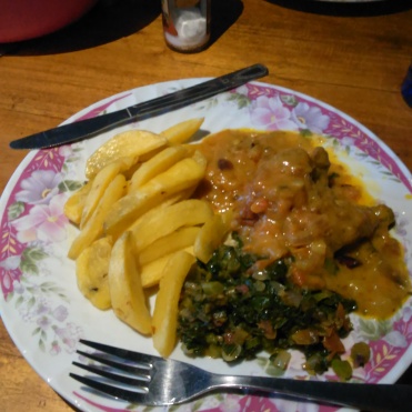 Our first true Malawian meal of chicken stew, vegetables, and chips.